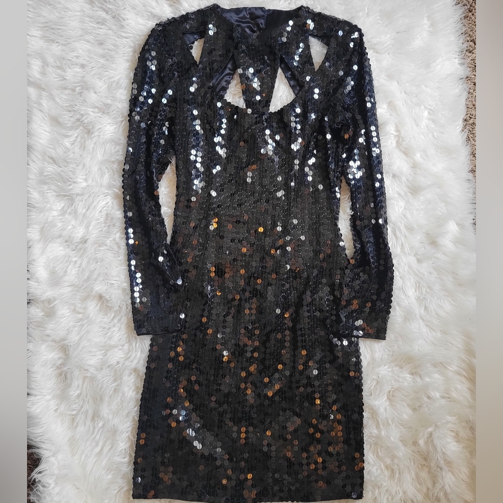Della Roufogali Vintage Nite Line Black Sequin Cocktail Dress NWOT!